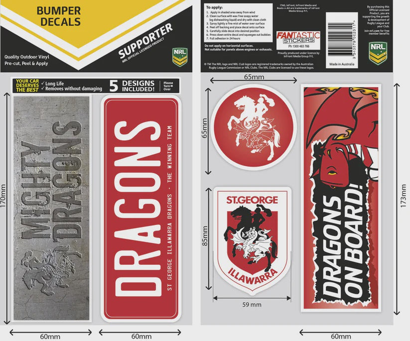 St George Illawarra Dragons Bumper Decals Sheet
