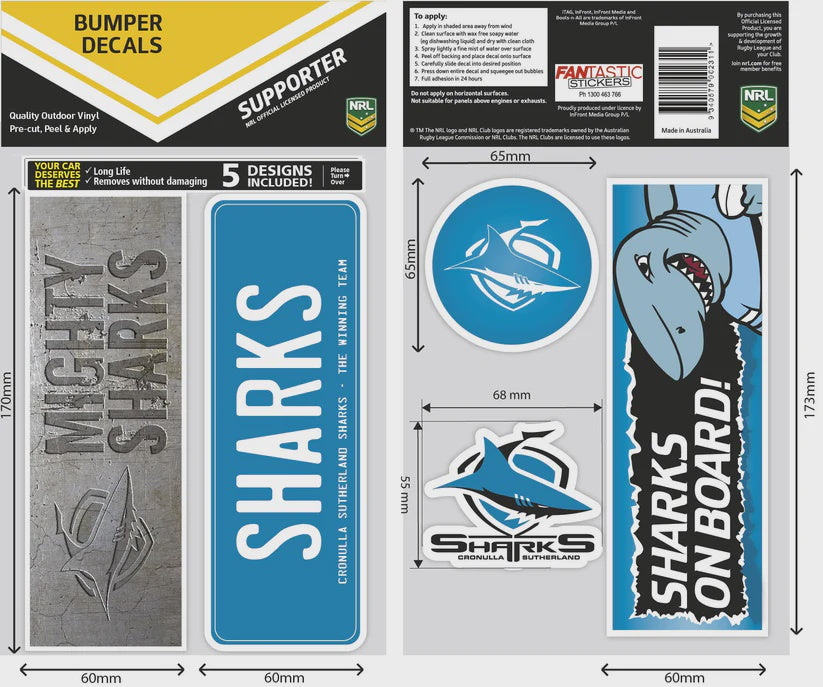 Cronulla Sharks Bumper Decals Sheet