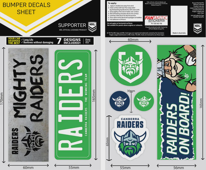 Canberra Raiders Bumper Decals Sheet