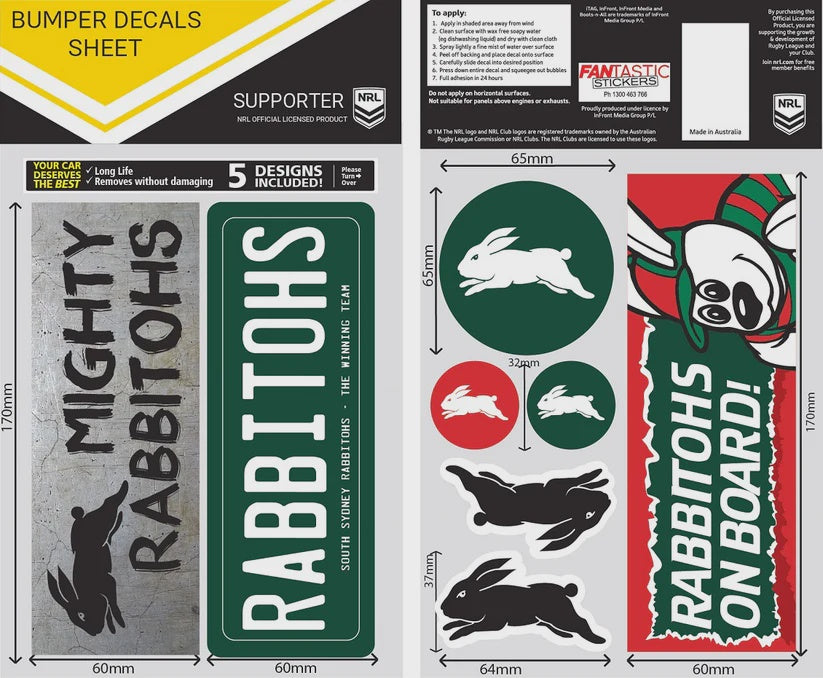 South Sydney Rabbitohs Bumper Decals Sheet