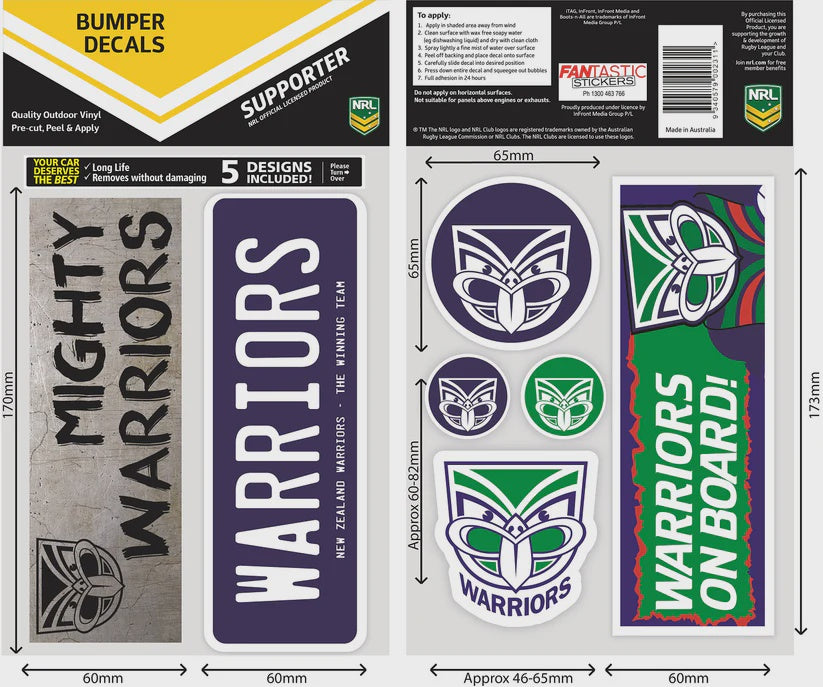 New Zealand Warriors Bumper Decals  Sheet