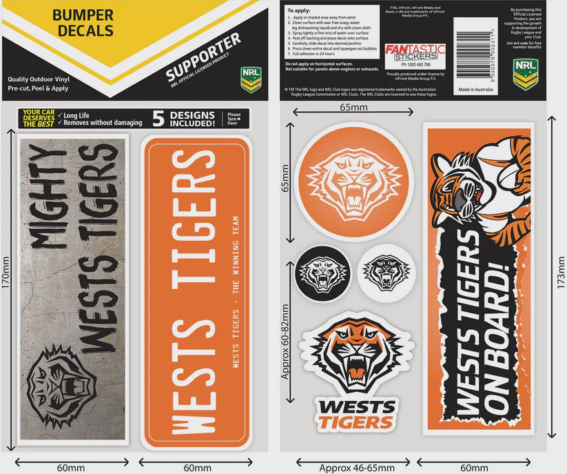 West Tigers Bumper Decals Sheet